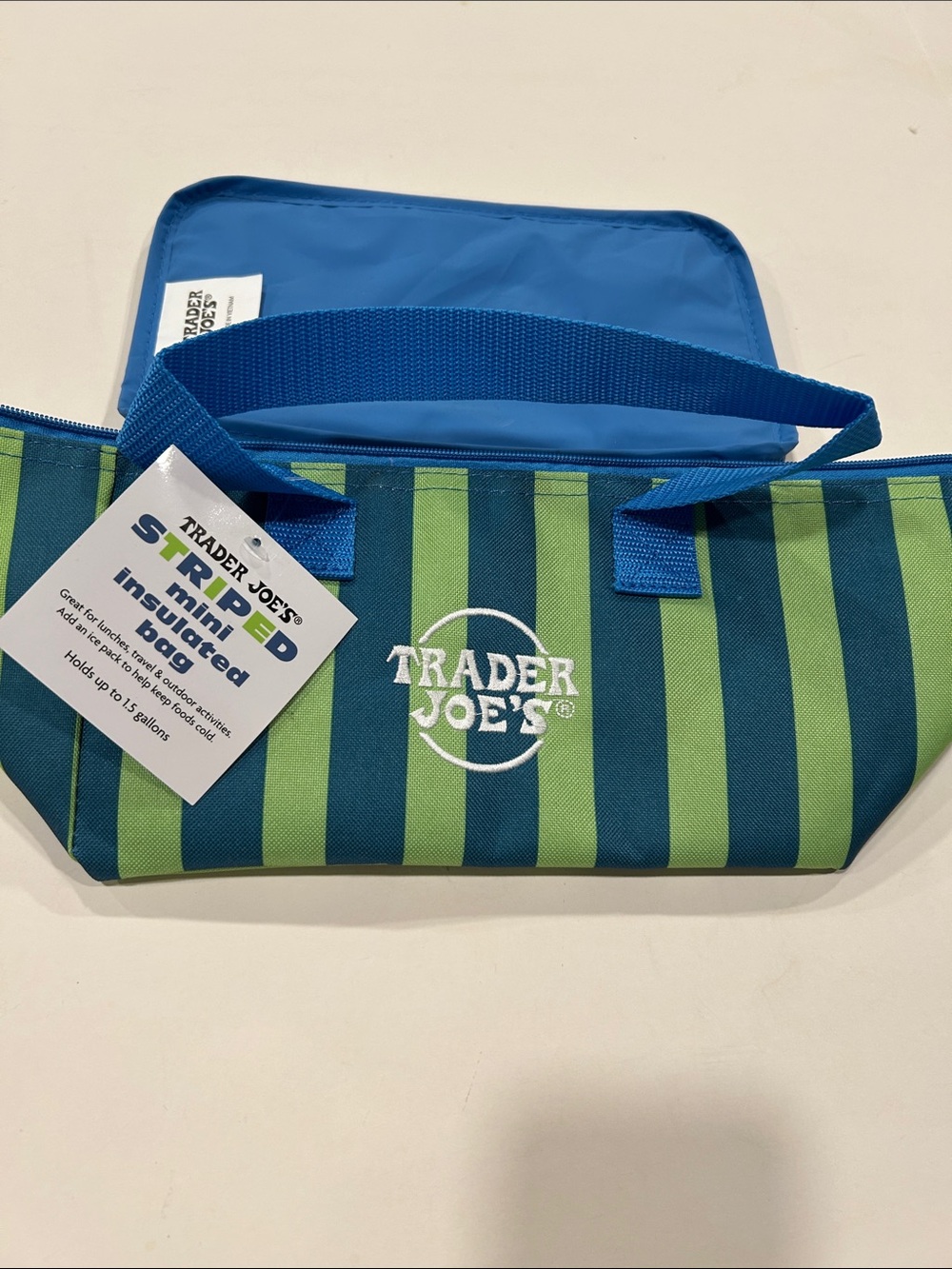 Trader Joe’s Blue & Green Striped Mini Insulated Lunch Bag NWT